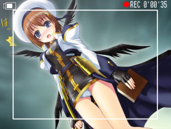 Rule 34 | 00s, 1girl, 40010prototype, black wings, blue eyes, blush, book, brown hair, fingerless gloves, gloves, hair ornament, hat, lyrical nanoha, mahou shoujo lyrical nanoha, mahou shoujo lyrical nanoha strikers, open mouth, panties, pantyshot, short hair, solo, standing, surprised, tome of the night sky, underwear, white panties, wings, x hair ornament, yagami hayate
