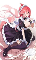 Rule 34 | 1girl, absurdres, blush, breasts, cetacean tail, cleavage, collarbone, commentary, crack, cracked glass, cup, dolphin girl, english commentary, fins, fish tail, full body, hair between eyes, highres, holding, juliet sleeves, large breasts, long hair, long sleeves, looking at viewer, maid, maid headdress, milk, open mouth, orange eyes, original, pink hair, ponytail, pouring, pouring onto self, puffy sleeves, sbgu, sitting, smile, solo, tail