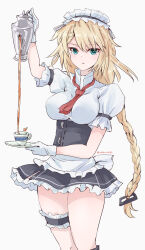 Rule 34 | 1girl, absurdres, black corset, black skirt, blonde hair, blue eyes, braid, breasts, corset, cup, decantering, frilled skirt, frills, g36 (girls&#039; frontline), girls&#039; frontline, gloves, highres, holding, holding saucer, holding teapot, large breasts, long hair, looking at viewer, maid headdress, microskirt, neckerchief, puffy short sleeves, puffy sleeves, rasen manga, red neckerchief, saucer, short sleeves, simple background, single braid, skirt, solo, tea, teacup, teapot, thigh strap, white background, white gloves