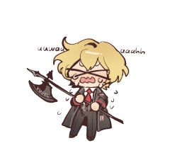 Rule 34 | 1boy, black suit, blonde hair, chibi, closed eyes, collared shirt, flying sweatdrops, formal, full body, g1a1c2a1e2e2d2, halberd, highres, holding, holding polearm, holding weapon, limbus company, necktie, open mouth, polearm, project moon, red necktie, shirt, short hair, simple background, sinclair (project moon), solo, suit, weapon, white background, white shirt, x x