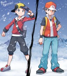 Rule 34 | 2boys, absurdres, backpack, backwards hat, bag, baseball cap, black hair, black pants, black wristband, capri pants, closed mouth, commentary, commission, creatures (company), ethan (pokemon), game freak, grey eyes, hand on own hip, hand up, hat, highres, holding, holding poke ball, jacket, male focus, mr.thunderigor, multiple boys, nintendo, outdoors, pants, poke ball, poke ball (basic), pokemon, pokemon hgss, red (pokemon), red jacket, shirt, shoes, sky, smile, snowing, standing, t-shirt, thank you, vs seeker, yellow bag