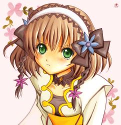 Rule 34 | 1girl, artist request, blush, bodysuit, bow, breasts, brown hair, detached collar, flower, frown, green eyes, hair ornament, hair ribbon, headband, jacket, leia rolando, looking at viewer, medium breasts, pout, ribbon, short hair, tales of (series), tales of xillia, traditional media, watercolor