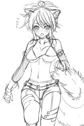 Rule 34 | 1girl, animal ears, belt, bikini, bikini top only, blush, bouncing breasts, breasts, gloves, greyscale, lingerie, looking afar, monochrome, monochrome, original, ponytail, reason (ficafe), shorts, sketch, slit pupils, solo, surprised, swimsuit, tail, thighhighs, underwear