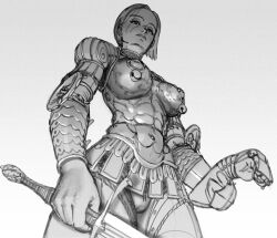 Rule 34 | 1girl, absurdres, armor, bell, bell piercing, boobplate, breastplate, closed mouth, from below, greyscale, highres, holding, holding sword, holding weapon, inverted nipples, jingle bell, looking at viewer, monochrome, nipple piercing, original, ornate armor, panties, piercing, scar, scar on face, solo, standing, sword, underwear, wass nonnam, weapon