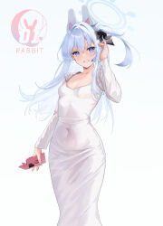 Rule 34 | 1girl, absurdres, blue archive, blue halo, breasts, cellphone, covered navel, dongtan dress, dress, grey hair, grin, halo, highres, holding, holding phone, long hair, long sleeves, looking at viewer, meme attire, mikanjam, miyako (blue archive), navel, phone, purple eyes, rabbit platoon (blue archive), simple background, small breasts, smartphone, smile, solo, white background, white dress