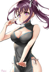 1girl, :o, akiki (kiki), arm up, artist name, bangs, bare shoulders, black dress, breasts, china dress, chinese clothes, cleavage, cleavage cutout, clothing cutout, cowboy shot, dress, hair ribbon, highres, kazuno sarah, large breasts, long hair, looking at viewer, love live!, love live! sunshine!!, open mouth, outstretched arm, purple eyes, purple hair, ribbon, side ponytail, side slit, sidelocks, simple background, sleeveless, sleeveless dress, solo, v-shaped eyebrows, white background, white ribbon