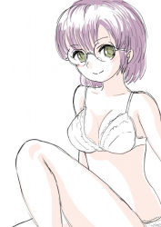 Rule 34 | 1girl, bra, breasts, chrono trigger, cleavage, commentary request, glasses, lucca ashtear, panties, purple hair, s-a-murai, short hair, smile, underwear