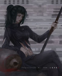 Rule 34 | 1girl, bad id, bad pixiv id, black hair, black jacket, blood, closed mouth, fengbuxiao, glasses, green hair, highres, holding, jacket, jujutsu kaisen, long sleeves, navel, polearm, ponytail, school uniform, shirt, spear, torn clothes, weapon, zenin maki