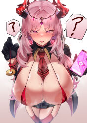 Rule 34 | 1girl, ?, absurdres, black gloves, blue archive, blush, breasts, cellphone, cum, cum on body, cum on breasts, cum on upper body, earrings, gloves, gradient background, hair ornament, heart, heart-shaped pupils, highres, holding, holding phone, horns, jewelry, large breasts, long hair, long sleeves, mole, mole on breast, necktie, nipple slip, nipples, orange eyes, parted bangs, parted lips, phone, pink hair, purple eyes, red necktie, satsuki (blue archive), simple background, sinkai, smartphone, smile, solo, symbol-shaped pupils, thighhighs, white background