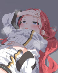 Rule 34 | 1girl, blue archive, blue eyes, blush, braid, breath, forehead, grey background, hand on own head, highres, jacket, long hair, long sleeves, lying, nejiresyake, on back, open mouth, red hair, shade, simple background, solo, sweat, white jacket, wide sleeves, yuzu (blue archive)