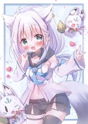 Rule 34 | 1girl, ahoge, animal ear fluff, animal ears, belt, black shorts, black thighhighs, blue neckerchief, blush, braid, breasts, collarbone, commentary request, confetti, detached sleeves, double fox shadow puppet, earrings, fox ears, fox girl, fox shadow puppet, fox tail, green eyes, hair between eyes, hanasakichu, heart, highres, hololive, hood, hoodie, jewelry, key, long hair, looking at viewer, midriff, navel, neckerchief, open mouth, party popper, shirakami fubuki, shirakami fubuki (1st costume), short shorts, shorts, sidelocks, single braid, single thighhigh, small breasts, sukonbu (shirakami fubuki), tail, thigh strap, thighhighs, virtual youtuber, white hair, white hoodie