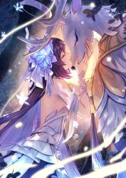 Rule 34 | 1girl, animal ears, armor, bare shoulders, black hair, blue butterfly, blue eyes, blue flower, bug, butterfly, closed eyes, colored inner hair, commentary, deer, dress, english commentary, eulyin huan, flower, hair flower, hair ornament, highres, honkai (series), honkai impact 3rd, insect, long hair, multicolored hair, official art, second-party source, seele vollerei, seele vollerei (herrscher of rebirth), smile, white armor, white dress