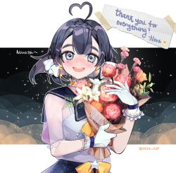 Rule 34 | 1girl, ahoge, bad id, bad twitter id, black skirt, blush, bouquet, bow, commentary, crying, crying with eyes open, english commentary, english text, flower, gloves, grey eyes, heart, heart ahoge, heart hair, highres, holding, holding bouquet, indie virtual youtuber, kkyu kyu, open mouth, orange flower, red flower, ryusei nova, sailor collar, short hair, skirt, sky, smile, solo, star (sky), starry sky, tears, twitter username, virtual youtuber, white flower, white gloves, yellow bow