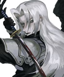Rule 34 | 1boy, armor, black gloves, black lips, black wings, blood, crack, final fantasy, final fantasy vii, gloves, green eyes, highres, holding, holding sword, holding weapon, katana, lipstick, long hair, makeup, male focus, pauldrons, sephiroth, shoulder armor, simple background, single wing, solo, suzumesakiii, sword, upper body, weapon, white background, white hair, wings
