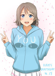 Rule 34 | 1girl, absurdres, aqua jacket, artist name, artist request, blue eyes, blush, breasts, female focus, grey hair, highres, jacket, light brown hair, long sleeves, looking at viewer, love live!, love live! sunshine!!, medium breasts, parted lips, petals, pink petals, short hair, skirt, smile, solo, st870870, watanabe you, white background, white skirt