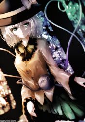 Rule 34 | 1girl, bad id, bad pixiv id, black hat, blurry, bow, breasts, cowboy shot, depth of field, expressionless, eyeball, frilled shirt collar, frilled sleeves, frills, green eyes, green skirt, hat, hat bow, heart, heart of string, komeiji koishi, long sleeves, looking at viewer, medium breasts, nekoya (liu), parted lips, revision, shirt, short hair, silver hair, skirt, solo, stained glass, third eye, touhou, white bow, wide sleeves, yellow shirt