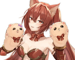 Rule 34 | 1girl, animal ears, armor, bare shoulders, breasts, cerberus (shingeki no bahamut), choker, cleavage, crossed bangs, dog ears, elbow gloves, fangs, gloves, granblue fantasy, hand puppet, hands up, highres, long hair, nakonbu, open mouth, puppet, red eyes, red hair, simple background, small breasts, smile, solo, twintails, upper body, vambraces, white background