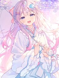 Rule 34 | 1girl, :d, ahoge, blue skirt, blush, bow, braid, commission, flower, hair bow, hair ornament, hairclip, highres, holding, holding umbrella, honami kanon, indie virtual youtuber, japanese clothes, kimono, komomo (2899), long hair, long sleeves, looking at viewer, multicolored hair, open mouth, pink bow, pink hair, purple eyes, purple hair, signature, skeb commission, skirt, smile, solo, teeth, umbrella, very long hair, virtual youtuber, white kimono, wide sleeves, wisteria