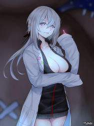 Rule 34 | 1girl, artist name, black jacket, black ribbon, blue eyes, blurry, breasts, capsule, cleavage, closers, coat, collarbone, colored skin, cowboy shot, depth of field, fang, full-length zipper, gremory (closers), grin, hair between eyes, hair ribbon, jacket, lab coat, large breasts, long hair, long sleeves, looking at viewer, open clothes, open coat, pale skin, pointy ears, red pupils, ribbon, shaojiang, silver hair, sleeves past wrists, smile, solo, vampire, white skin, zipper