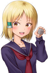 Rule 34 | 10s, 1girl, :d, blonde hair, blush, brown eyes, coin, commentary request, fingernails, hair ornament, hand up, hidaka koharu, high score girl, highres, holding, holding money, long sleeves, looking at viewer, money, open mouth, parted lips, purple sailor collar, purple shirt, red neckwear, sailor collar, school uniform, serafuku, shirt, simple background, smile, solo, taka (takahirokun), teeth, upper body, upper teeth only, white background