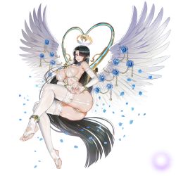 Rule 34 | 1girl, angel, angel wings, areola slip, ass, azazel (last origin), black hair, blue flower, blue rose, blush, breasts, bridal gauntlets, bridal legwear, bridal lingerie, bride, elbow gloves, feathered wings, feet, flower, full body, game cg, garter straps, gloves, green hair, hair over one eye, halo, highres, huge breasts, jewelry, large breasts, last origin, lingerie, long hair, looking at viewer, nipple slip, nipples, official art, partially visible vulva, pearl thong, petals, purple eyes, rose, rose petals, smile, solo, taesi, thighhighs, thighs, toes, transparent background, underwear, very long hair, white thighhighs, wings