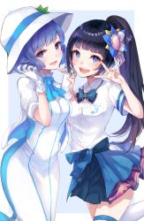 Rule 34 | 2girls, aoi (kirabosi105), aoi ch., black hair, blue background, blue eyes, blue hair, blue skirt, blunt bangs, blush, bow, bowtie, breasts, capelet, commentary request, dress, fuji aoi, gloves, hair ornament, hat, holding hands, interlocked fingers, long dress, long hair, looking at viewer, loose bowtie, medium breasts, mole, mole under eye, multiple girls, open mouth, ponytail, short hair, short sleeves, skirt, smile, suntory, suntory nomu, thighhighs, thighs, twitter username, v, virtual youtuber, white gloves, white hat