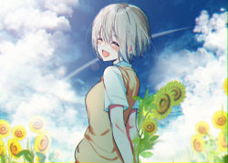 Rule 34 | 1girl, :d, ^ ^, aoba moca, arms behind back, bang dream!, blush, closed eyes, cloud, cloudy sky, contrail, day, flower, grey hair, holding, holding flower, lens flare, mizukikushou, open mouth, outdoors, short sleeves, sky, smile, solo, sunflower, sweater vest, upper body