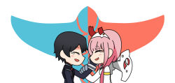 Rule 34 | 10s, 1boy, 1girl, black hair, blush, couple, darling in the franxx, closed eyes, flat color, hand on another&#039;s face, hiro (darling in the franxx), horns, long hair, pilot suit, pink hair, short hair, tashidraw, zero two (darling in the franxx)