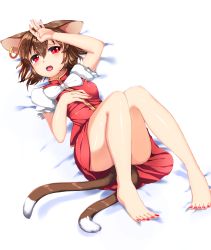 Rule 34 | 1girl, animal ears, arm up, bad id, bad pixiv id, barefoot, bow, brown hair, cat ears, cat tail, censored, chen, convenient censoring, ear piercing, earrings, fangs, hand on forehead, highres, jewelry, lying, multiple tails, nail polish, nekomata, no headwear, no headwear, on back, open mouth, papo, piercing, puffy short sleeves, puffy sleeves, red eyes, red nails, shirt, short sleeves, single earring, skirt, skirt set, solo, tail, thighs, toenail polish, toenails, touhou, upskirt, vest
