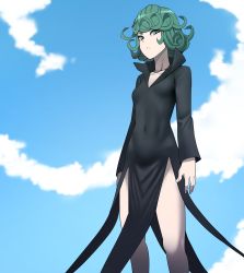 Rule 34 | 1girl, black dress, blue sky, breasts, closed mouth, cloud, covered navel, curly hair, dress, frown, green eyes, green hair, highres, jourd4n, long sleeves, looking at viewer, one-punch man, short hair, sky, small breasts, solo, tatsumaki