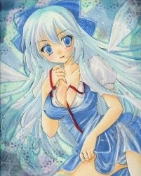 Rule 34 | 1girl, aged up, alternate hair length, alternate hairstyle, between breasts, blue eyes, blue hair, blush, bow, breasts, cirno, cleavage, clothes lift, dress, dress lift, hair bow, long hair, mitsuba (threeleaf), multiple wings, panties, pastel (medium), ribbon, solo, striped clothes, striped panties, touhou, underwear, undressing, wings