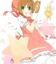 Rule 34 | 1990s (style), 1girl, :o, brown hair, card, cardcaptor sakura, child, clow card, dress, fuuin no tsue, glove bow, gloves, green eyes, hat, holding, holding card, kero (cardcaptor sakura), kinomoto sakura, magical girl, nasuna, pink hat, retro artstyle, short hair, solo, thighhighs, wand, white gloves