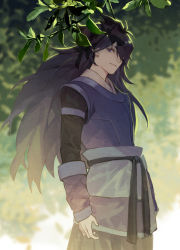 Rule 34 | 1boy, black hair, cowboy shot, fengxi (the legend of luoxiaohei), hair over one eye, highres, leaf, long hair, long sleeves, looking at viewer, male focus, outdoors, purple eyes, smile, solo, luo xiaohei zhanji, tree, xiandao1213