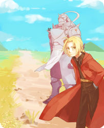 Rule 34 | 2boys, alphonse elric, animal, apron, armor, black shirt, blonde hair, braid, brothers, cat, cloud, cloudy sky, coat, day, edward elric, field, flamel symbol, full armor, fullmetal alchemist, gloves, hand in pocket, happy, long hair, looking at viewer, male focus, mountain, multiple boys, pants, red coat, shirt, siblings, sky, smile, standing, yellow eyes