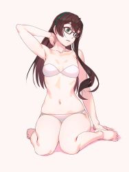Rule 34 | 1girl, alternate costume, arm up, armpits, bare legs, bare shoulders, barefoot, bikini, black hair, blush, breasts, closed mouth, collarbone, commentary request, glasses, green eyes, hair between eyes, hairband, highres, kantai collection, long hair, looking away, looking down, looking to the side, navel, ooyodo (kancolle), semi-rimless eyewear, simple background, sitting, skindentation, small breasts, solo, swimsuit, under-rim eyewear, underwear, underwear only, wariza, white bikini, yuuji (and)