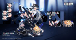 Rule 34 | 1girl, :d, azur lane, black footwear, black gloves, boots, breasts, chromatic aberration, crop top, cross-laced footwear, cuffs, fang, flying sweatdrops, full body, glint, gloves, half gloves, handcuffs, hat, highres, knee boots, long hair, looking at viewer, low ponytail, manjuu (azur lane), medium breasts, midriff, minsk (azur lane), minsk (thunderous jailor) (azur lane), multicolored hair, navel, necktie, official alternate costume, official art, open mouth, own hands together, peaked cap, purple eyes, shisantian, short shorts, shorts, silver hair, skin fang, smile, solo, streaked hair, suspenders, taser, very long hair