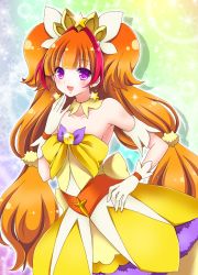 Rule 34 | 1girl, amanogawa kirara, bare shoulders, blush, choker, cure twinkle, earrings, frilled skirt, frills, gloves, go! princess precure, hand on own hip, hand on own chin, jewelry, long hair, looking at viewer, magical girl, multicolored hair, okayashi, open mouth, orange hair, precure, purple eyes, quad tails, red hair, ribbon, skirt, smile, solo, sparkle, star (symbol), star earrings, streaked hair, twintails, two-tone hair