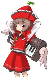 Rule 34 | 1girl, arms behind head, brown hair, buttons, female focus, flat chest, frilled hat, frilled shirt collar, frills, hat, instrument, keyboard, keyboard (instrument), long sleeves, lyrica prismriver, red eyes, red shirt, red skirt, shirt, short hair, simple background, skirt, solo, star (symbol), tongue, tongue out, touhou, white shirt