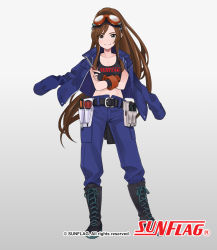 Rule 34 | 1girl, belt, black footwear, black gloves, blue jacket, blush, boots, brown eyes, brown hair, closed mouth, collarbone, company name, crop top, cross-laced footwear, crossed arms, denim, fingerless gloves, full body, gloves, goggles, goggles on head, gradient background, jacket, jeans, knee boots, lace-up boots, long hair, looking at viewer, official art, original, pants, screwdriver, smile, solo, sunflag, very long hair, yuko (uc yuk)
