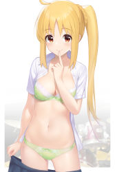 Rule 34 | ai-assisted, blonde hair, bocchi the rock!, bra, breasts, finger to mouth, green bra, green panties, highres, ijichi nijika, long hair, looking at viewer, medium breasts, mocchisake, navel, open clothes, open shirt, panties, red eyes, shirt, side ponytail, smile, stomach, thighs, underwear, white shirt