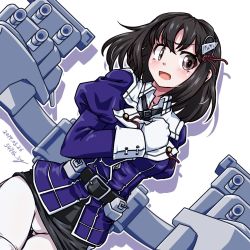 Rule 34 | 1girl, 547th sy, artist name, black hair, black skirt, blurry, blush, brown eyes, cannon, commentary request, cowboy shot, dated, dutch angle, gloves, gluteal fold, haguro (kancolle), haguro kai ni (kancolle), hair ornament, highres, kantai collection, looking at viewer, machinery, military, military uniform, nose blush, pantyhose, pencil skirt, short hair, simple background, skirt, solo, turret, uniform, white background, white gloves, white pantyhose