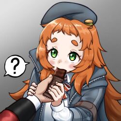 Rule 34 | 1girl, 1other, ?, beret, blush, bow, bowtie, burger hat ornament, candy, chocolate, chocolate bar, commander (girls&#039; frontline), commentary, fingernails, food, food in mouth, freckles, girls&#039; frontline, gradient background, green eyes, grey background, grey headwear, grey jacket, griffin &amp; kryuger military uniform, hat, holding, holding chocolate, holding food, holding hands, jacket, long hair, long sleeves, looking at another, looking up, missileer, open clothes, open jacket, orange hair, red bow, red bowtie, shared speech bubble, shirt, short eyebrows, simple background, solo focus, speech bubble, spoken question mark, upper body, very long hair, vp9 (girls&#039; frontline), white shirt, zipper