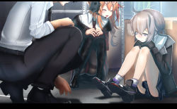 Rule 34 | 1boy, 2girls, absurdres, banbutsu happiness, blush, box, closed eyes, commander (girls&#039; frontline), commentary request, crying, girls&#039; frontline, glasses, grey hair, griffin &amp; kryuger, griffin &amp; kryuger military uniform, grifon &amp; kryuger, highres, kalina (girls&#039; frontline), kneeling, m200 (girls&#039; frontline), military, military uniform, multiple girls, orange hair, pantyhose, ponytail, sad, shoes, sneakers, uniform, upskirt