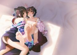 Rule 34 | 2girls, ass, back, bare legs, bare shoulders, barefoot, black hair, black panties, blush, brown eyes, casino (casinoep), closed mouth, clothes lift, collarbone, covering breasts, covering one breast, covering privates, feet, foot focus, foreshortening, hair ribbon, highres, idolmaster, idolmaster cinderella girls, japanese clothes, kimono, legs, legs up, looking at viewer, multiple girls, no bra, off shoulder, open mouth, panties, purple hair, ribbon, shiragiku hotaru, short hair, skirt, skirt lift, smile, soles, striped clothes, striped kimono, takafuji kako, toes, underwear, vertical-striped clothes, vertical-striped kimono, yellow eyes, yuri