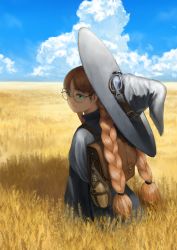 Rule 34 | 1girl, aqua hair, backpack, bag, braid, cloud, day, glasses, goggles, hat, long hair, looking back, low-tied long hair, mage (replica), original, sky, solo, standing, twin braids, very long hair, wheat, wheat field, witch hat