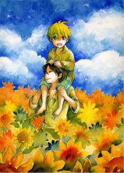 Rule 34 | 2boys, cloud, day, field, flower, multiple boys, nagomi (nekozyarashide), scenery, sky, smile, sunflower