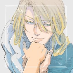 Rule 34 | 1boy, 1other, bleach, bleach: sennen kessen-hen, blonde hair, blue eyes, close-up, closed mouth, colored eyelashes, commentary request, grey background, hair between eyes, hair over shoulder, hand up, highres, holding hands, jugram haschwalth, light smile, lips, long hair, looking at viewer, pov, pov hands, simple background, sketch, tsurime, yonyon niisan