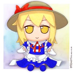 Rule 34 | 1girl, :&gt;, apron, blonde hair, blue dress, blue footwear, bow, closed mouth, commentary request, dated, dress, frilled apron, frilled gloves, frills, fumo (doll), gloves, hat, hat bow, kamui miko, kana anaberal, medium hair, neck ribbon, puffy short sleeves, puffy sleeves, red bow, red ribbon, ribbon, short sleeves, sitting, smile, solo, straight-on, sun hat, touhou, touhou (pc-98), white apron, white gloves, yellow eyes
