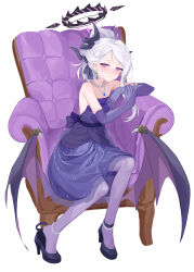 Rule 34 | 1girl, absurdres, anklet, armchair, blue archive, blush, chair, commentary, dress, earrings, full body, gloves, halo, high heels, highres, hina (blue archive), hina (dress) (blue archive), horns, jewelry, long hair, looking at viewer, low wings, necklace, official alternate costume, pantyhose, pointy ears, purple dress, purple eyes, purple gloves, purple pantyhose, simple background, sitting, solo, white background, wings, yume (454565427)