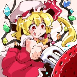 Rule 34 | 1girl, ascot, blonde hair, bow, crystal, flandre scarlet, food, fork, fruit, hat, hat bow, hat ribbon, mob cap, red eyes, ribbon, shinapuu, side ponytail, smile, solo, strawberry, tongue, tongue out, touhou, wings